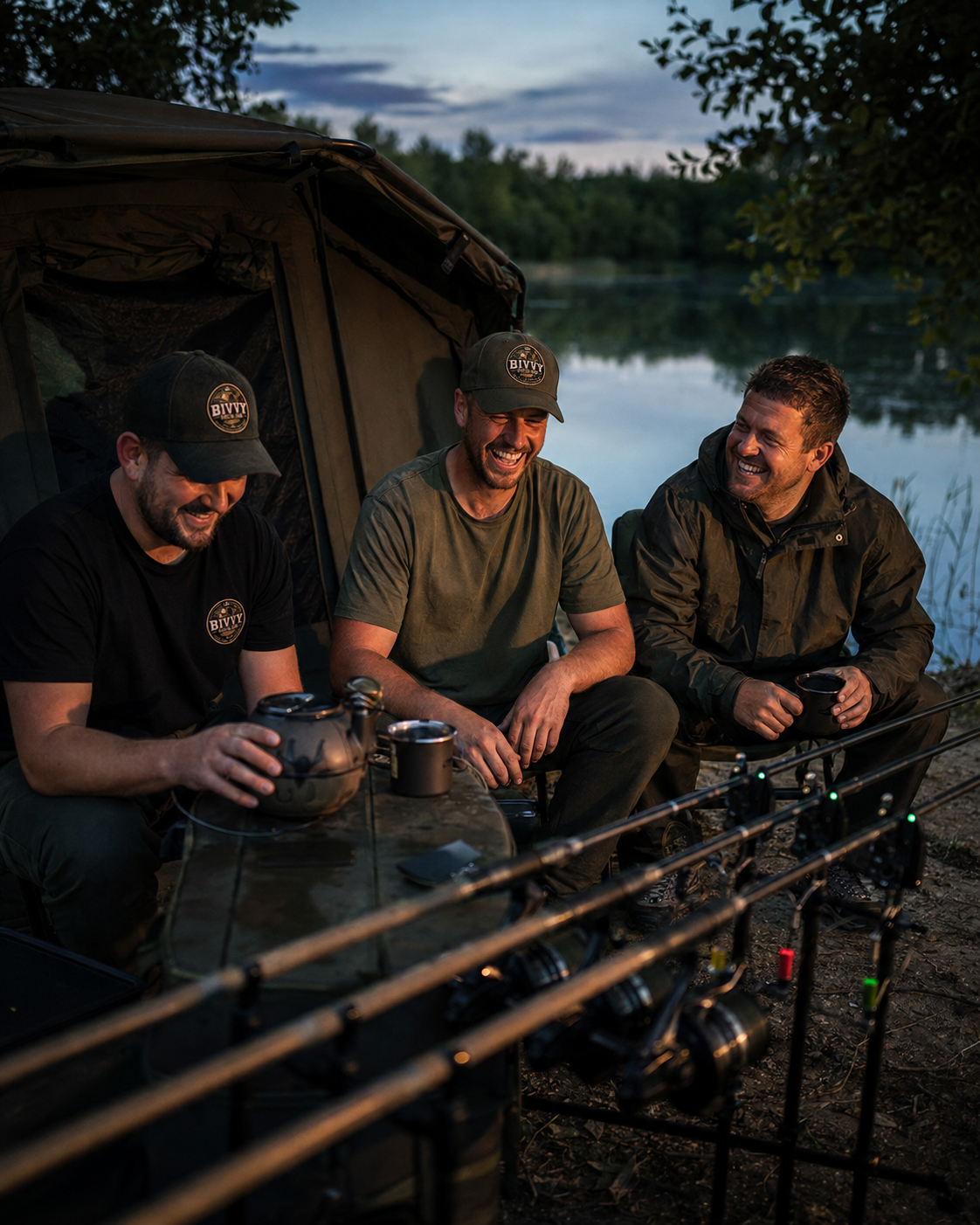 Three Bivvy Social Club anglers sharing tea and a laugh beside the carp lake at dusk