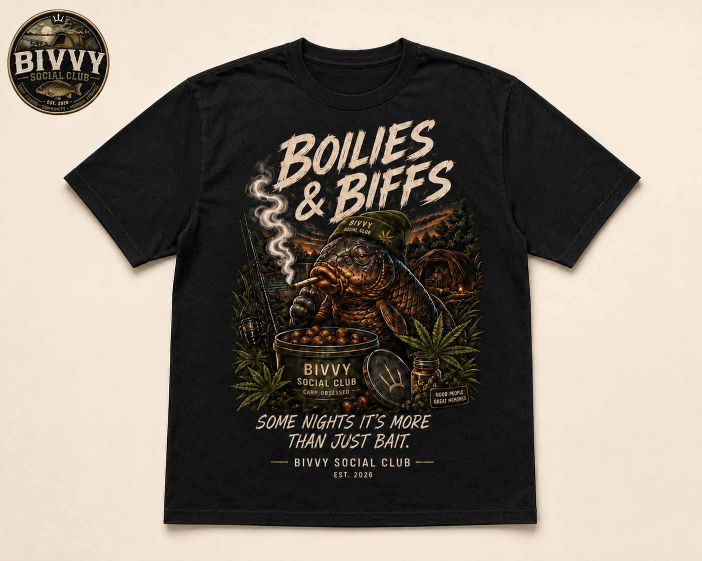 Boilies & Biffs — Black — Front view